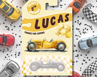 Editable Yellow Toy Car Favor Packaging: Race Car Birthday Party Thank You (Printable Template)