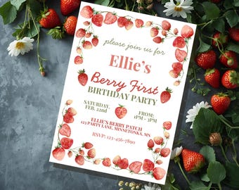 Berry First Birthday Invitation: Editable Watercolor Strawberry 1st Party Invite (5x7 Printable)