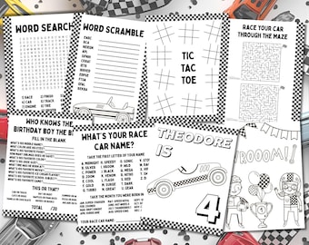 Editable Race Car Party Coloring Activity Pages: Racing Birthday Party Games Activities (Printable 8x11.5)