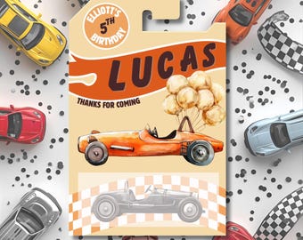 Editable Orange Toy Car Favor Packaging: Race Car Birthday Party Thank You (Printable Template)