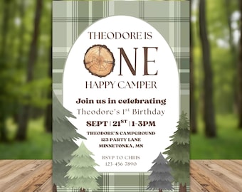 One Happy Camper Birthday Invitation: Editable Outdoor Camping 1st Party Invite Template (5x7 Printable)