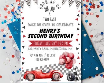 Growing Up Two Fast Birthday Invitation: Editable Race Car 2nd Party Invite (Printable 5x7)