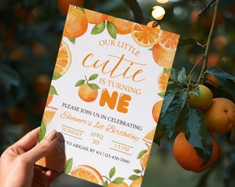 Little Cutie Is Turning One Birthday Invitation: Editable Orange 1st Party Invite (5x7 Printable)