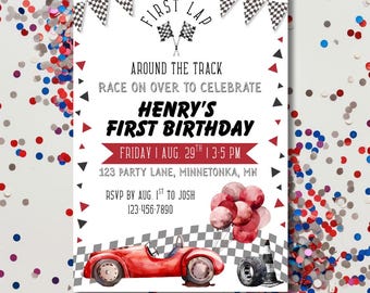 First Lap Around the Track Birthday Invitation: Editable Racecar 1st Party Invite (Printable 5x7)