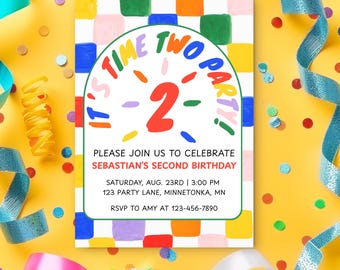 Time Two Party Birthday Invitation: Editable Rainbow Checkered 2nd Party Invite (Printable 5x7)