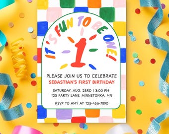 Fun To Be One Birthday Invitation: Editable Rainbow Checkered 1st Party Invite (Printable 5x7)