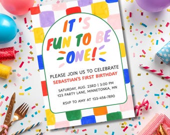 Fun To Be One Birthday Invitation: Editable Rainbow Checkered 1st Party Invite (Printable 5x7)