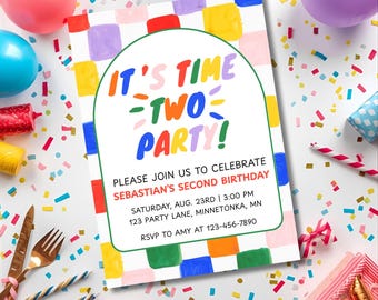 Time Two Party Birthday Invitation: Editable Rainbow Checkered 2nd Party Invite (Printable 5x7)