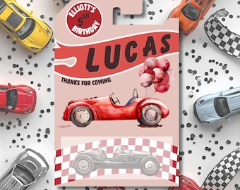 Editable Red Toy Car Favor Packaging: Race Car Birthday Party Thank You (Printable Template)