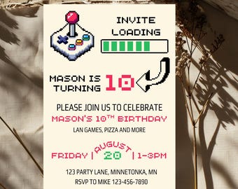 Retro Video Game Birthday Invitation: Editable Level Up Teen Boy Party Invite (Printable 5x7)