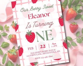 Berry Sweet Birthday Invitation: Editable Strawberry 1st Party Template (5x7 Printable)