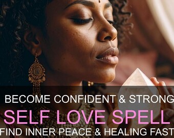 May include: A woman with dark skin and curly hair holds a clear crystal. She wears gold jewelry, including earrings and a headpiece. Text on the image reads: "SELF LOVE SPELL" and "FIND INNER PEACE & HEALING FAST".