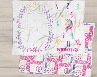 Personalized Baby Blanket - Unicorn Milestone Blanket - Baby Monthly Milestone Blanket - Name Blanket - Baby Shower Gift - Monthly Photos -
