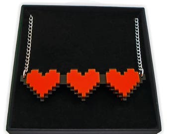 3 Pixel Hearts Health Points Acrylic Necklace - Double Sided Gamer Geek