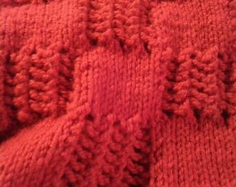 Red Handmade Hand-Knitted Worsted Weight Acrylic and Wool Blend   Squares & Lace Baby Afghan or Baby Blanket