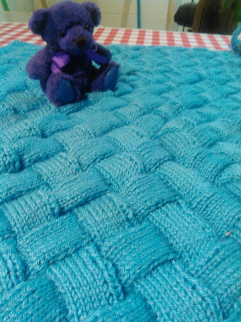 Baby Blue Worsted Weight Hand-Knitted  Entrelac Baby Blanket image 0