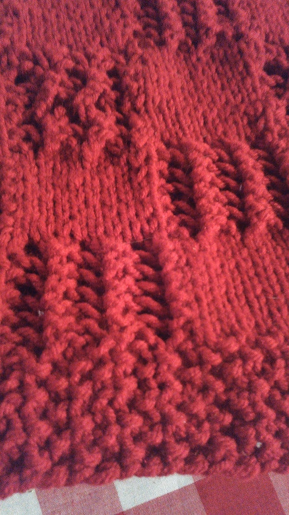 Red  Handmade Hand-Knitted Baby  Blanket or Afghan   in Soft Acrylic Worsted Weight Yarn Squares and Lace