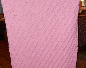 Pink Handmade Hand- Knitted Reversible Diagonal   Baby Afghan or Baby Blanket or Lap Blanket