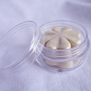 Puede incluir: Un recipiente de plástico transparente con tapa, que contiene una sola pastilla de jabón en forma de estrella de color blanco roto.