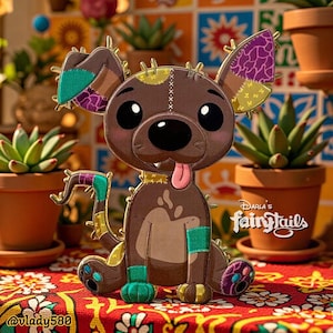 May include: A cartoon dog figurine with a patchwork design in brown, green, purple, and yellow. The dog has large black eyes, a pink tongue, and the text "Darla's Fairytails". The figurine is sitting on a red patterned surface.