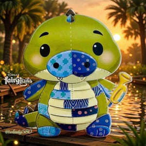 May include: A plush green and blue dinosaur toy holding a gold trumpet. The toy has a patchwork design with blue and white patterns. The text "Darla's Fairytails" is visible on the left side of the image, and the Instagram handle "@olady580" is at the bottom.