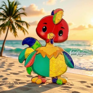 May include: A colorful, patchwork-style rooster plush toy stands on a sandy beach. The rooster has a red head, yellow neck, and green and yellow patterned wings. The text "Darla's FairyTails" is visible.