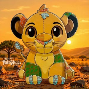May include: A yellow and orange Simba pin with patchwork details. The pin features large eyes and a friendly expression. The background shows a sunset over an African savanna. The pin has the text "Darla's Fairytails" and "@vlady580".