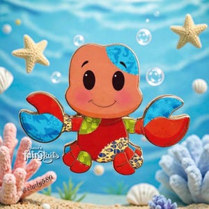 May include: A colorful crab pin with a cheerful expression, featuring red, blue, and green accents. The pin has a patchwork design and is set against a blue ocean background with starfish and bubbles. The pin is from Darla's FairyTails.