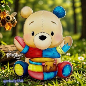 May include: A whimsical, cartoon-style bear with a honey pot. The bear is primarily beige with patches of red, blue, and yellow. It has a black nose and eyes, and is holding a colorful honey pot. The image includes the text "Darla's Fairytails" and "@vlady580".