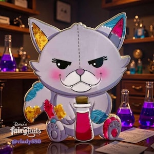 May include: A whimsical, gray cat-shaped pin with stitched details, holding a potion bottle. The pin features pink cheeks, a mischievous expression, and colorful patchwork accents. The pin is from Darla's Fairy Tails.
