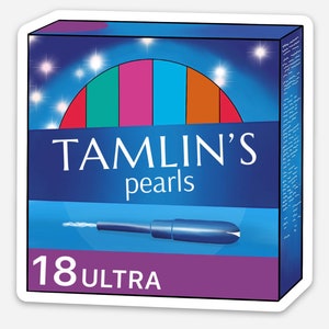 May include: A blue box with a white border and the text "TAMLIN'S pearls" in white. The box has a rainbow arc and a blue applicator with a white string. The text "18 ULTRA" is in white on a purple background.