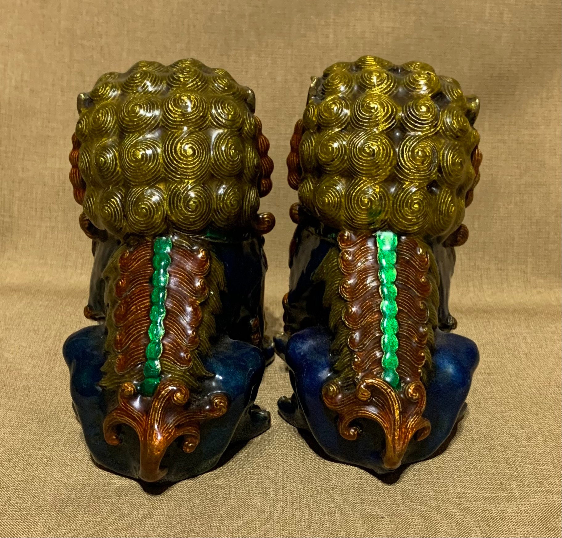 Pair of Brass Cloisonné Chinese Foo Lion / Dog Statuettes. NOTE: Please ...