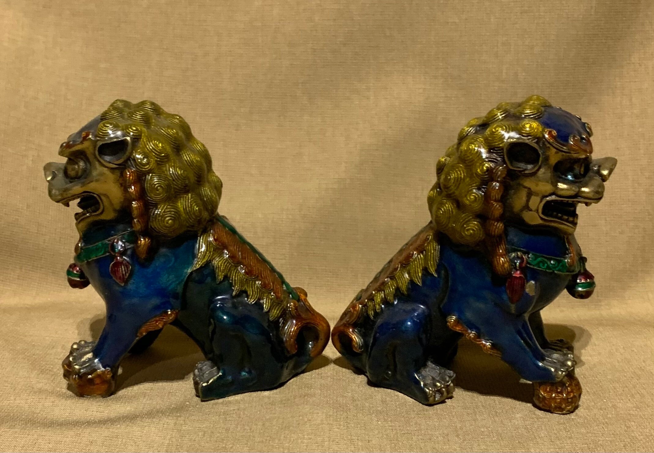 Pair of Brass Cloisonné Chinese Foo Lion / Dog Statuettes. NOTE: Please ...