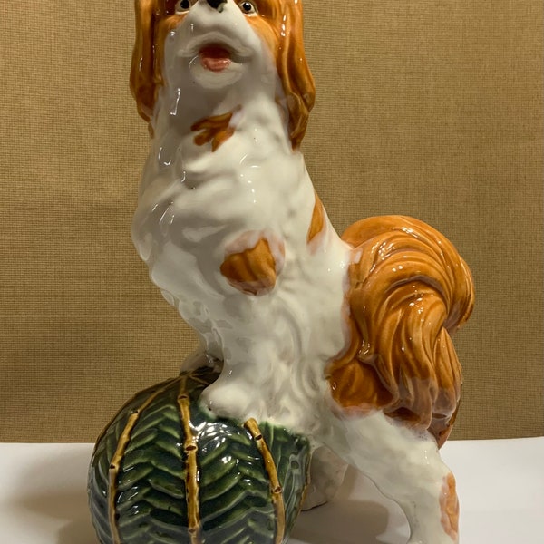 RESERVED for Ashlea. Majolica Staffordshire-Style English Toy Spaniel Statuette.  NOTE:  Please read entire description.