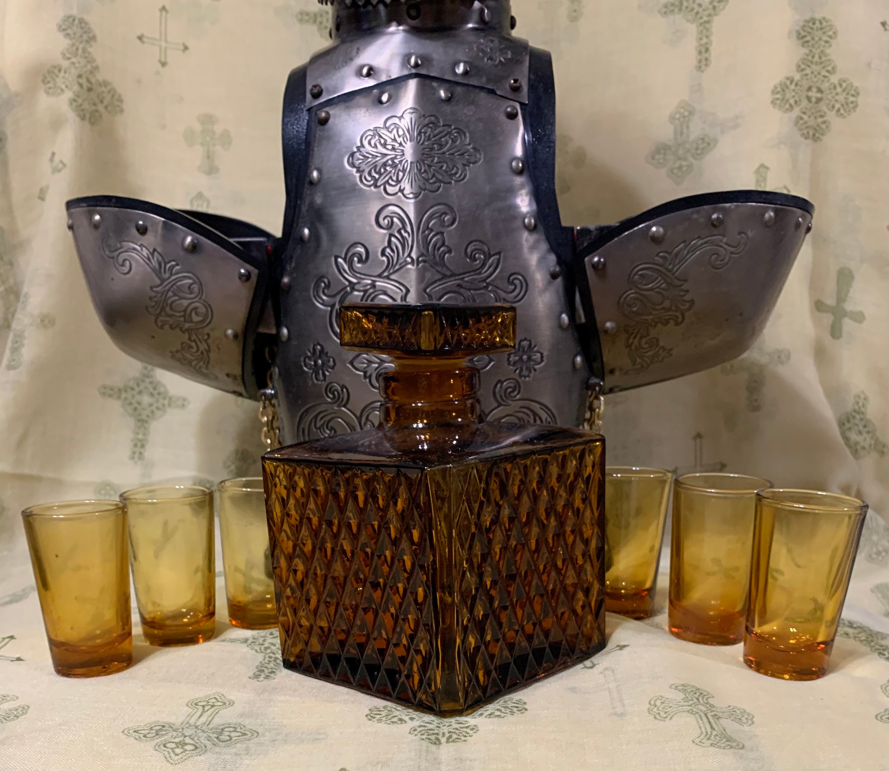 Nikka Armor Whiskey Knight Silver Empty Decanter & Set of 6