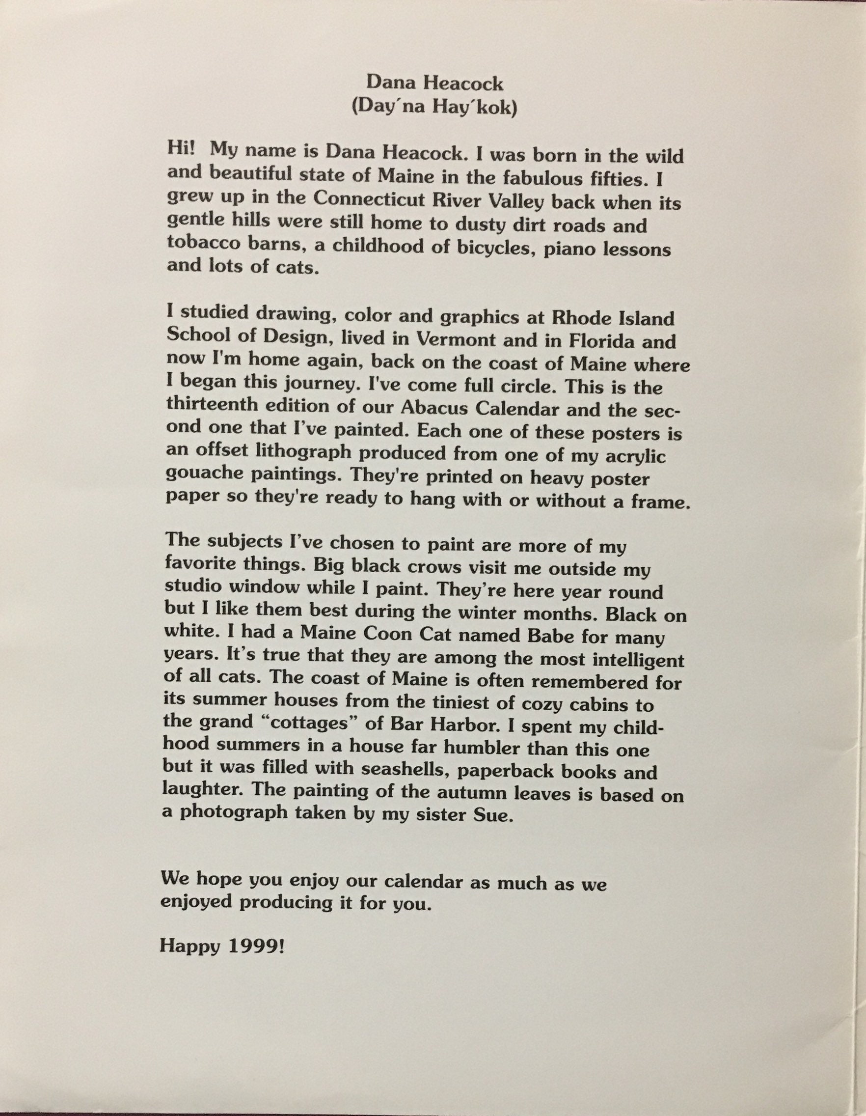 The 1999 Abacus Calendar by Dana Heacock. NOTE: Please Read Entire