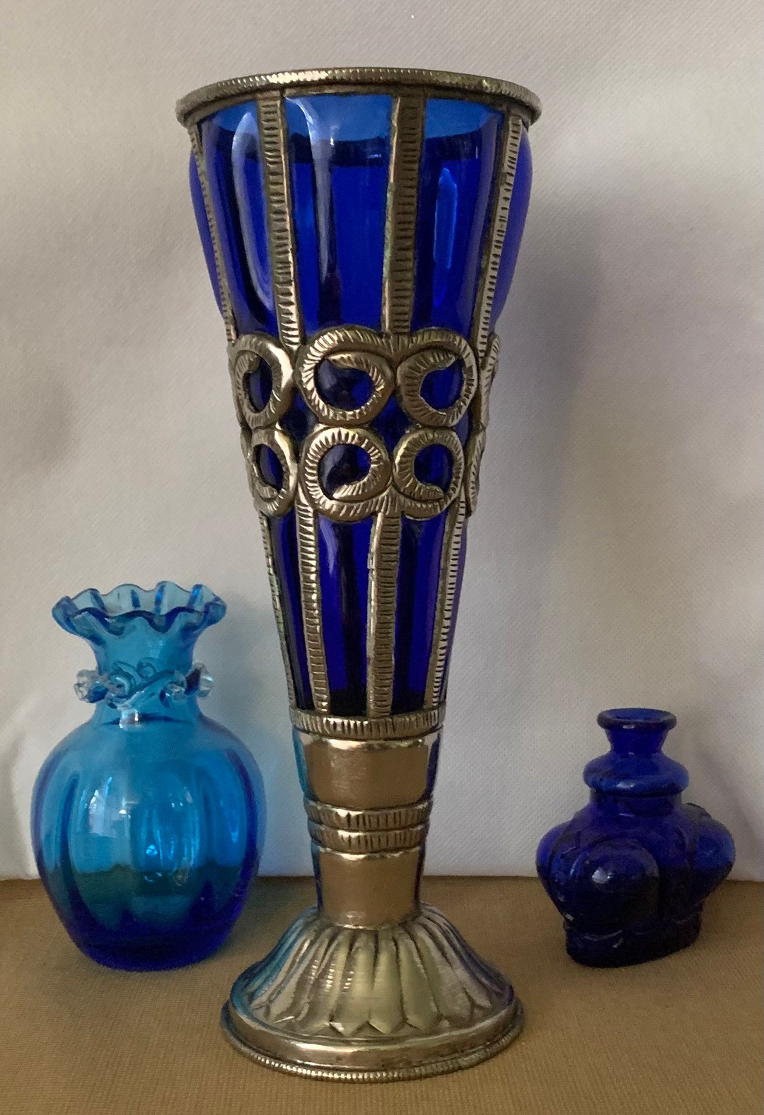 Cobalt Blue Caged Glass Goblet / Vase in Silvertone Handhammered Frame. NOTE Please Be Sure