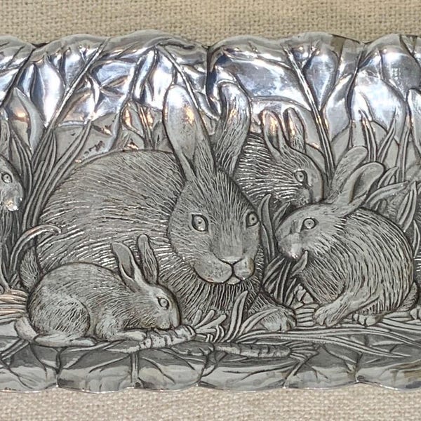 Arthur Court Bunny Rabbit Pewter 18.5" Long Platter, 1990. NOTE: Please read entire description focusing on condition.