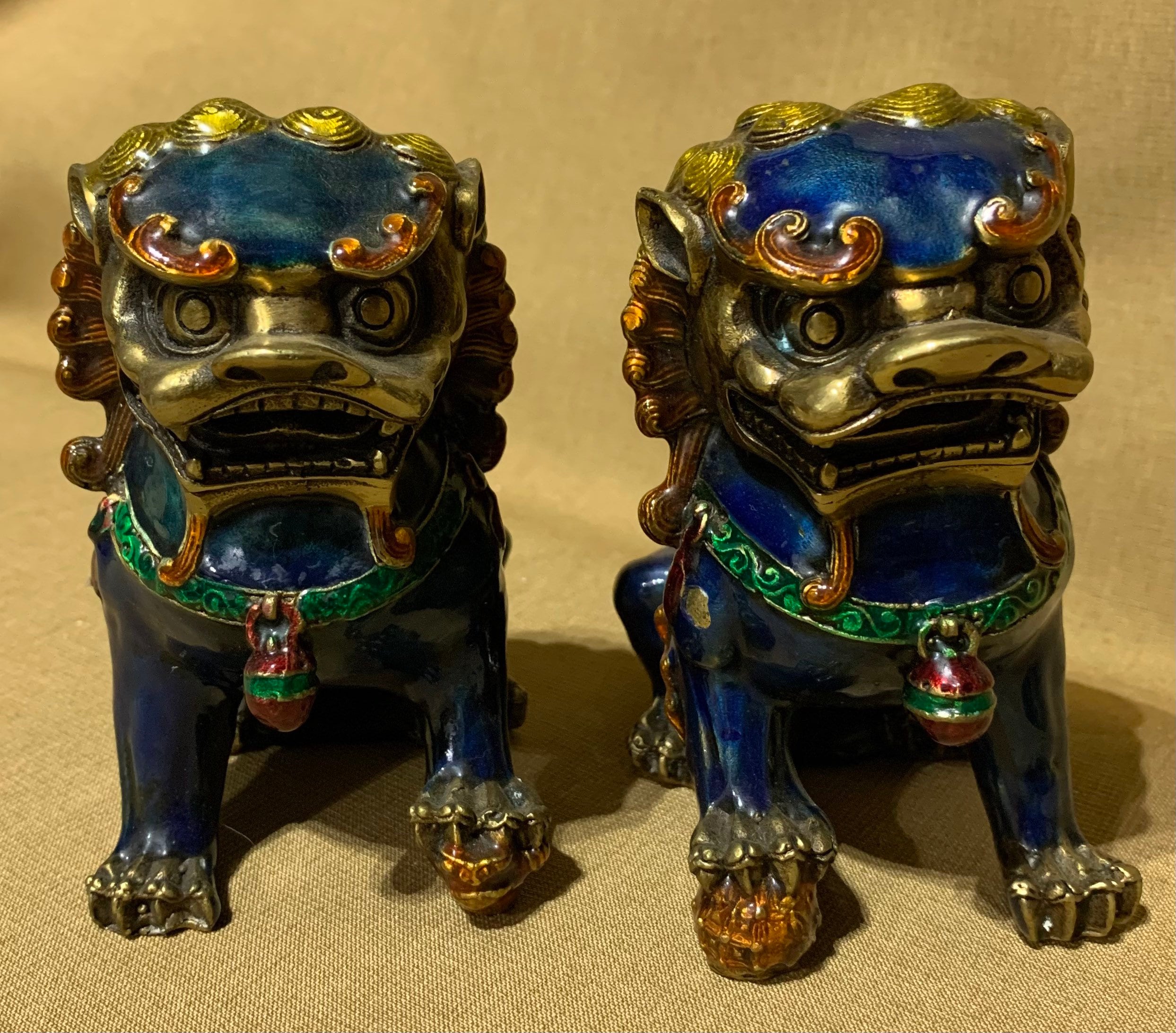 Pair of Brass Cloisonné Chinese Foo Lion / Dog Statuettes. NOTE: Please ...