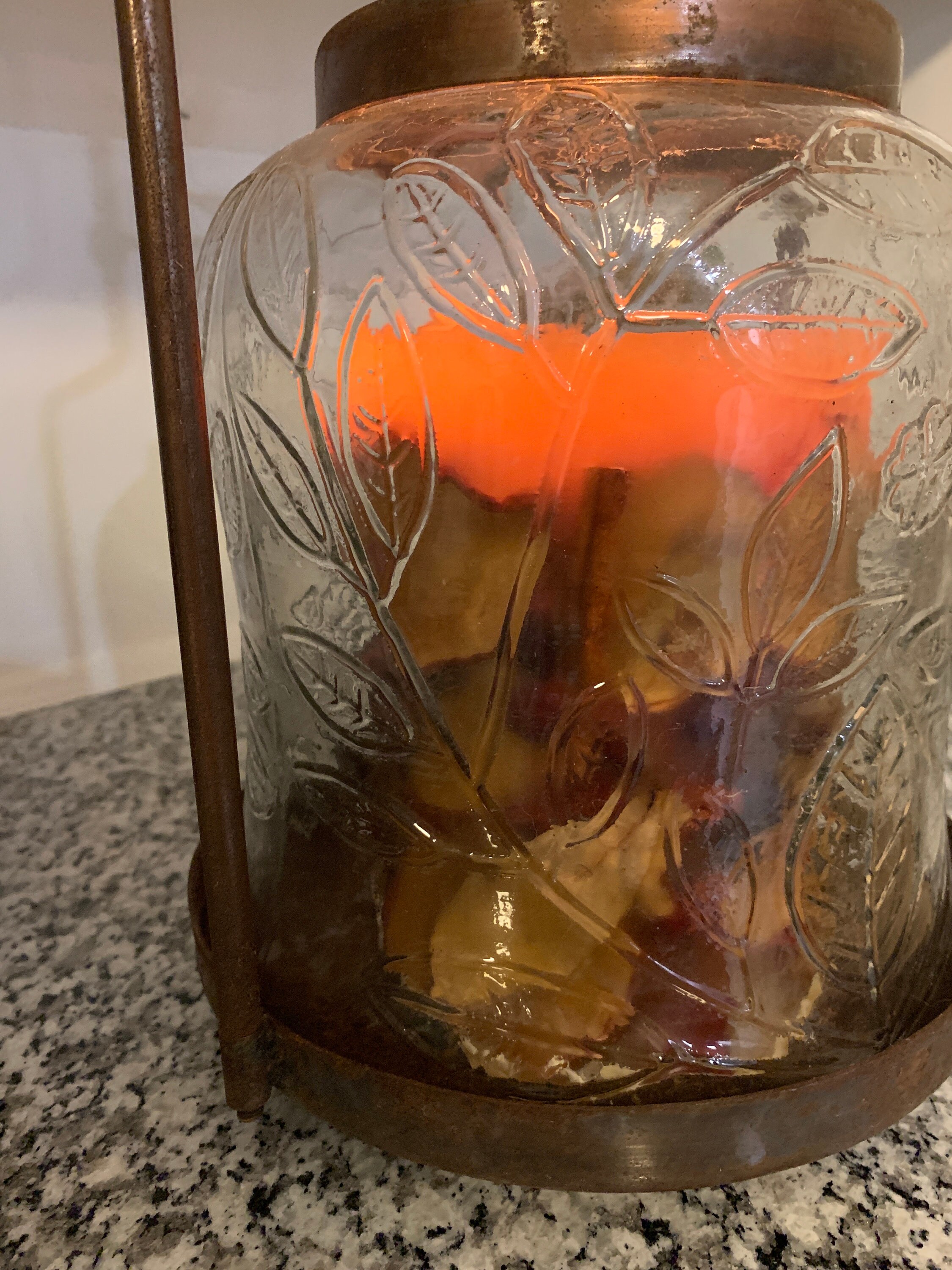 Vintage Etched Glass Metal Candle Lantern With Bird, India