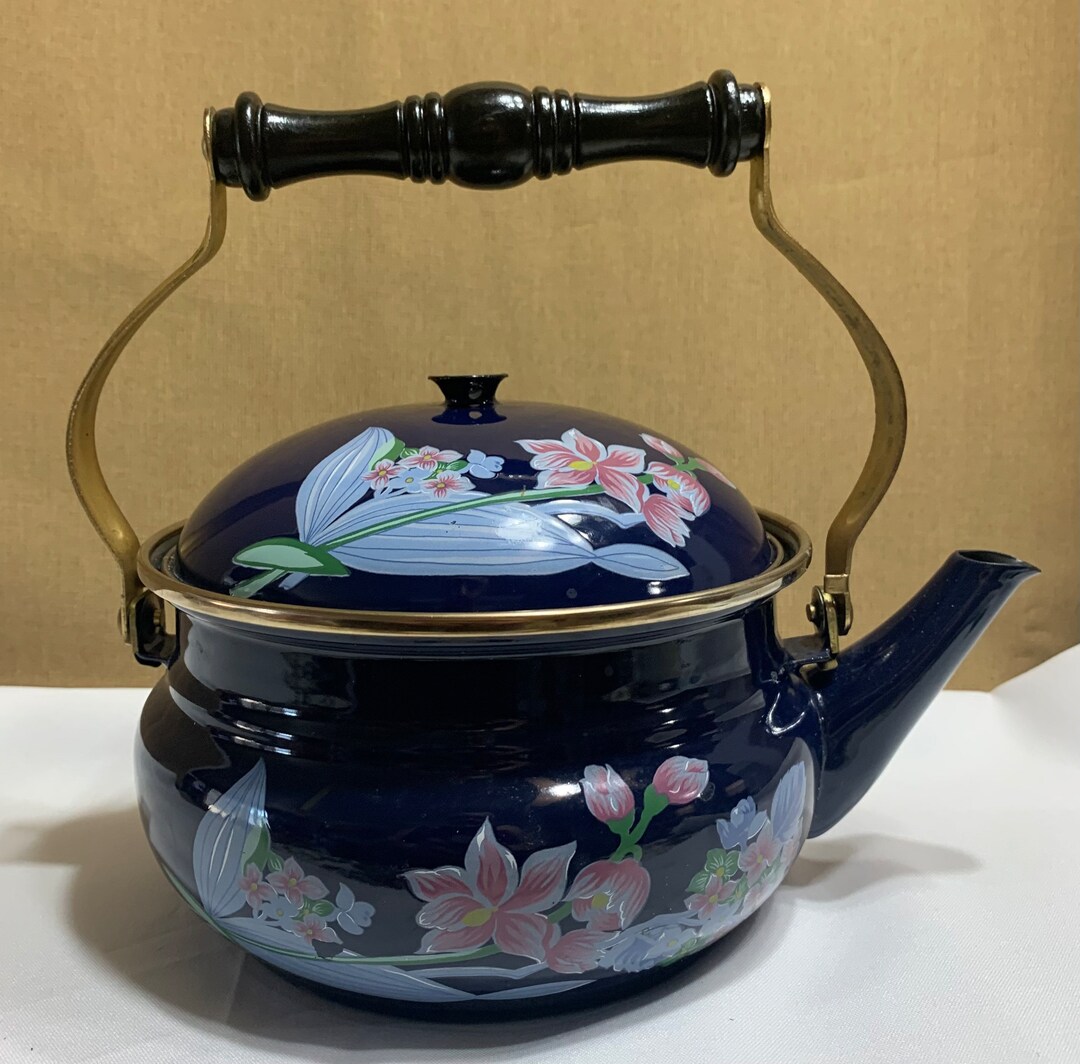 Vintage Okura Blue Enamel Floral Teapot, Made in Taiwan, 1983. Etsy