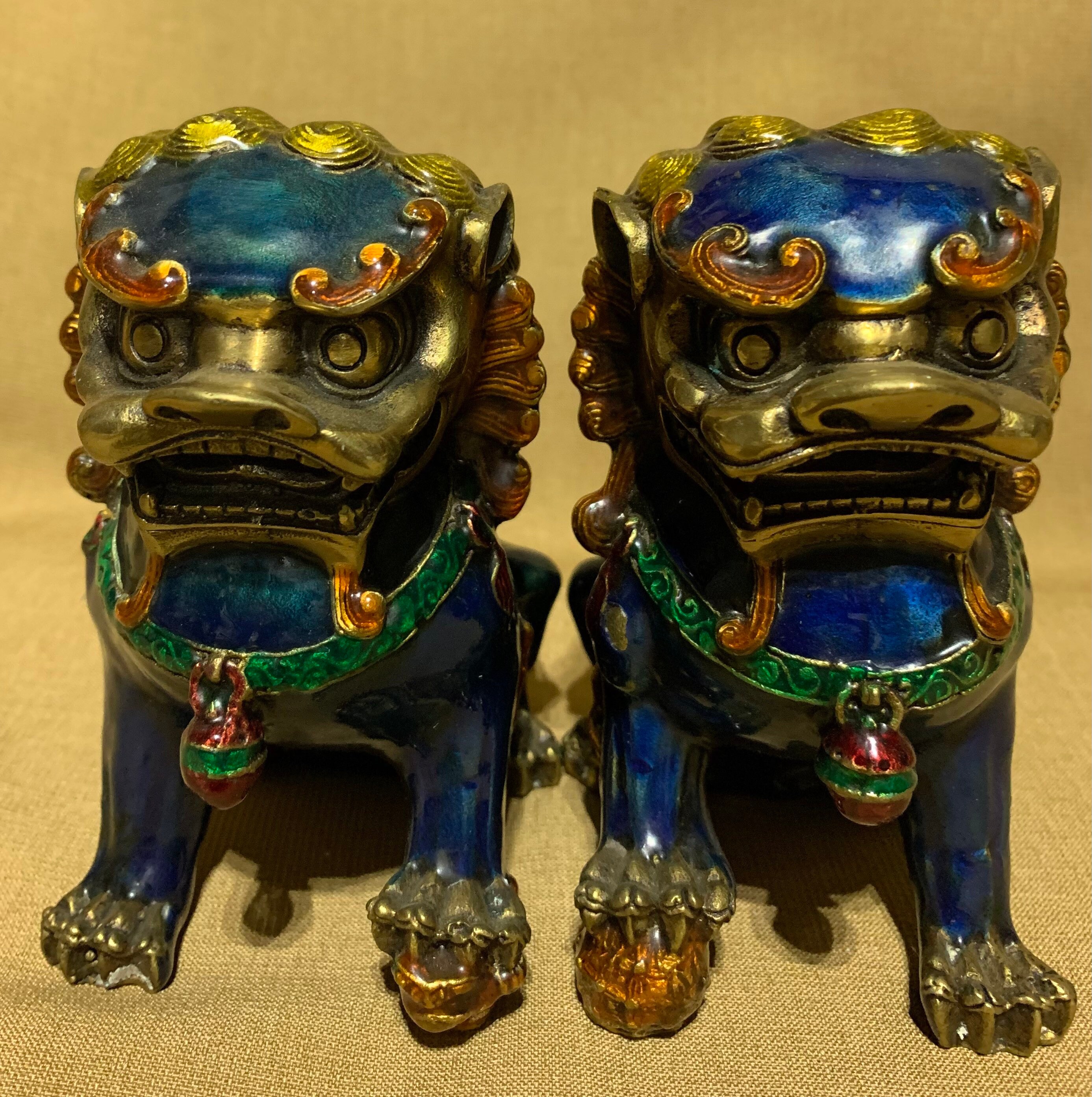 Pair of Brass Cloisonné Chinese Foo Lion / Dog Statuettes. NOTE: Please ...
