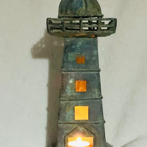 Lighthouse Tealight / T-Lite Holder Vintage Heavy-Gauge Metal. NOTE: Please read entire description - there are no returns.