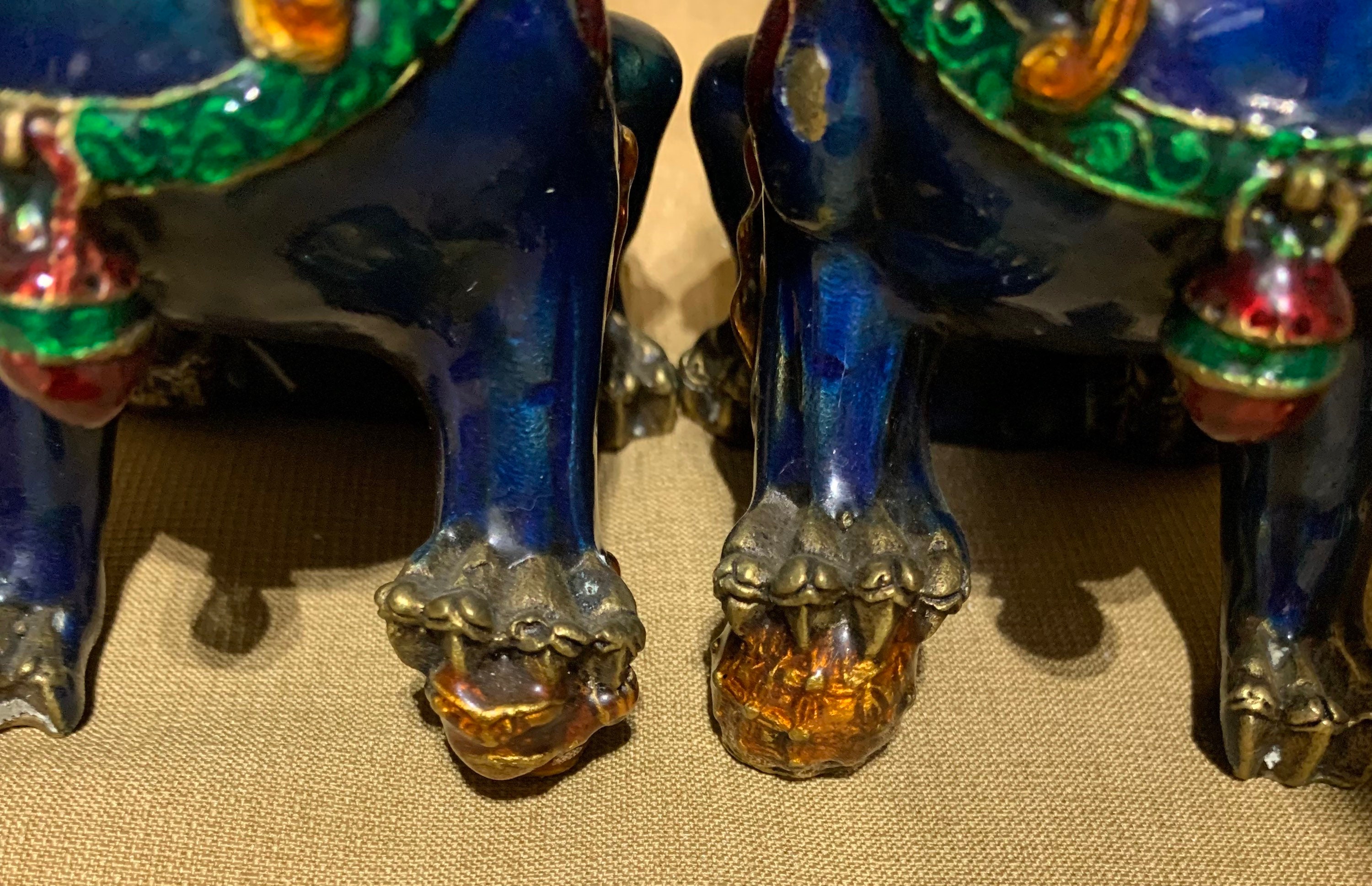 Pair of Brass Cloisonné Chinese Foo Lion / Dog Statuettes. NOTE: Please ...