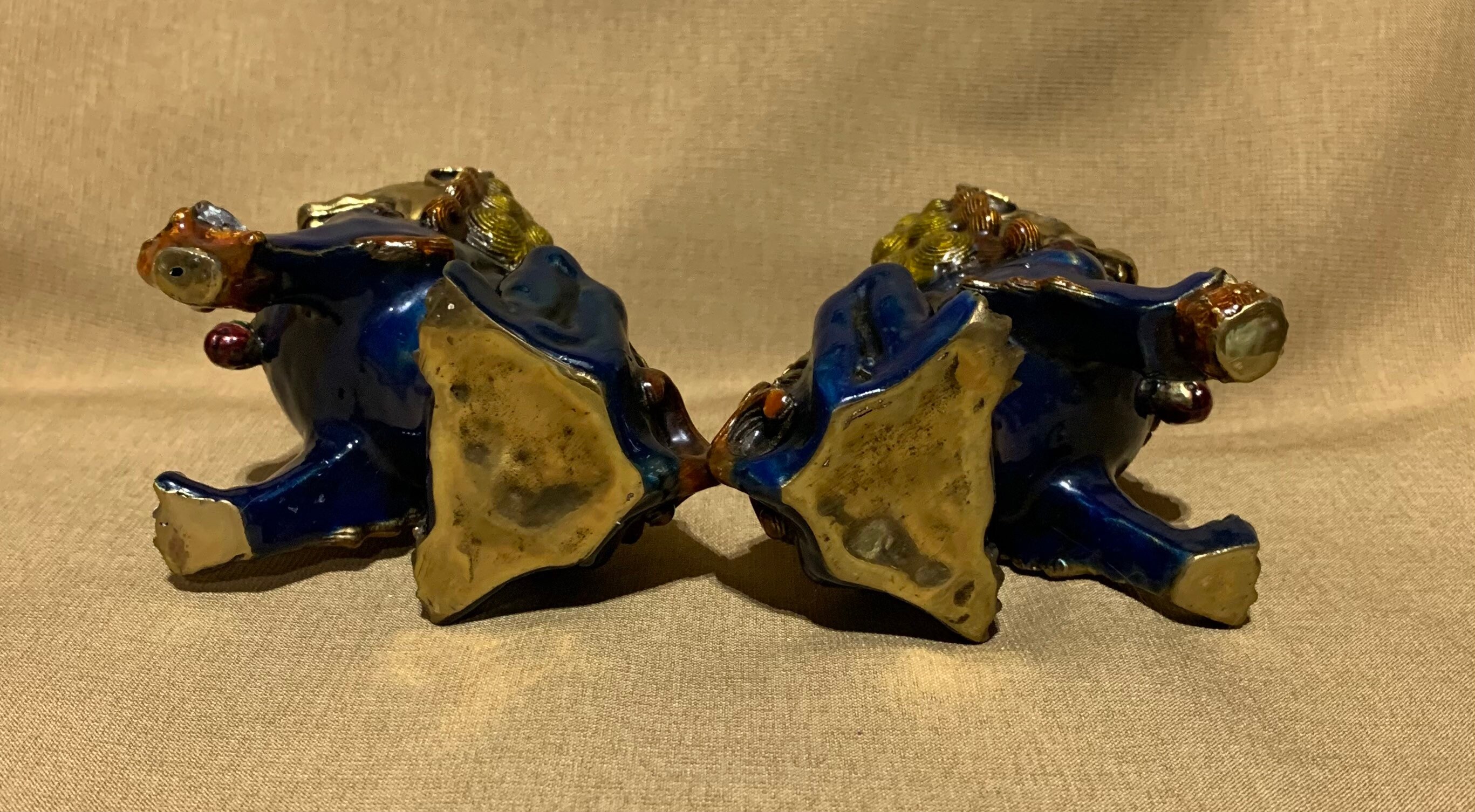 Pair of Brass Cloisonné Chinese Foo Lion / Dog Statuettes. NOTE: Please ...