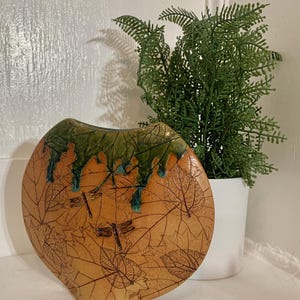 May include: A decorative ceramic vase with a leaf and dragonfly design. The vase has a brown base with leaf imprints and dragonfly accents. The top edge is green with teal accents. A green plant in a white pot is in the background.