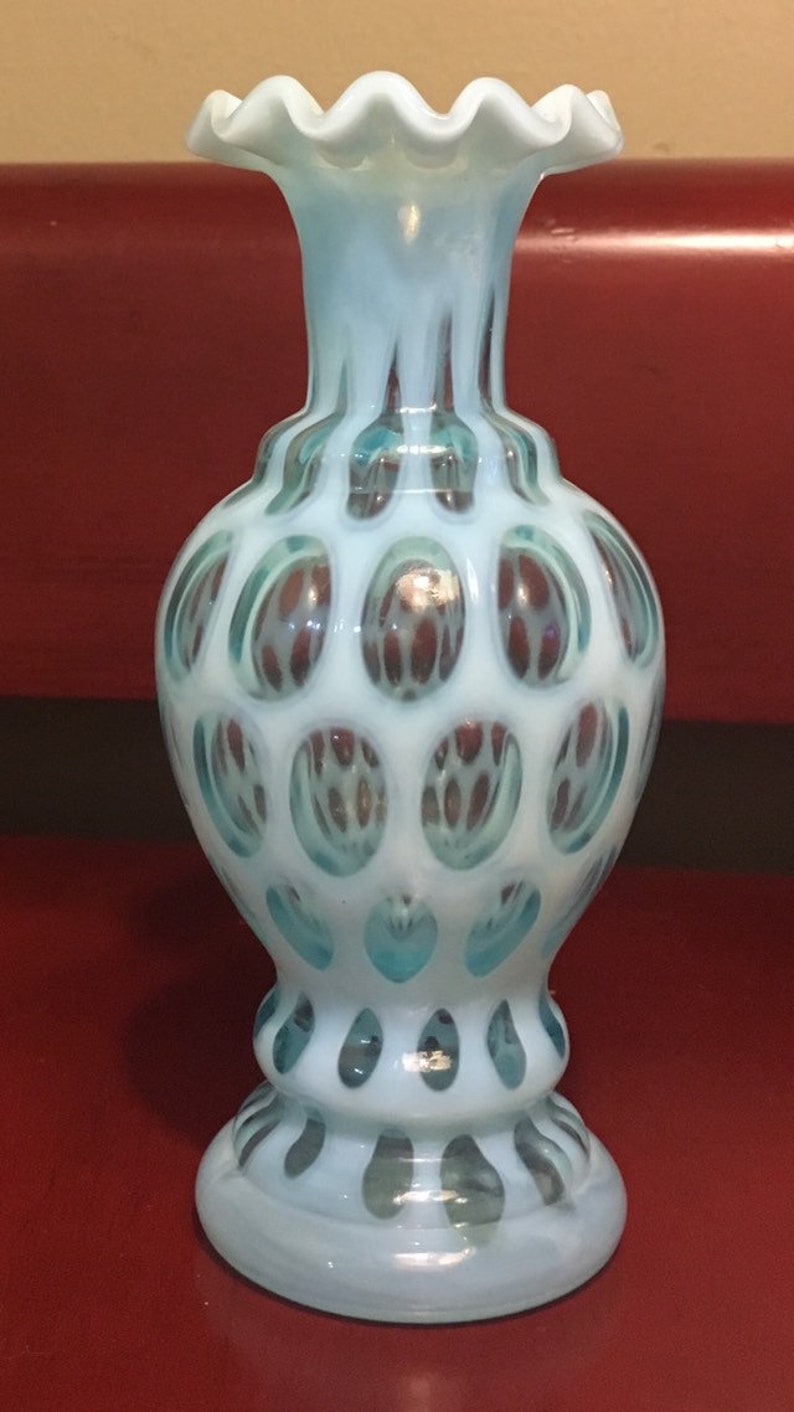 Vintage Fenton Coin Dot Aqua Blue Optic Art Glass Crimped Vase ...
