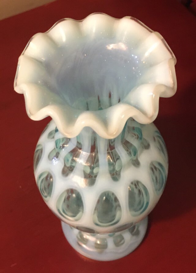 Vintage Fenton Coin Dot Aqua Blue Optic Art Glass Crimped Vase ...