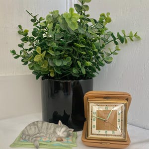 May include: A decorative arrangement featuring a sleeping cat figurine on a green mat, a vintage travel clock, and a potted plant with green foliage in a black pot. The clock has a tan leather case and a square face with gold accents.