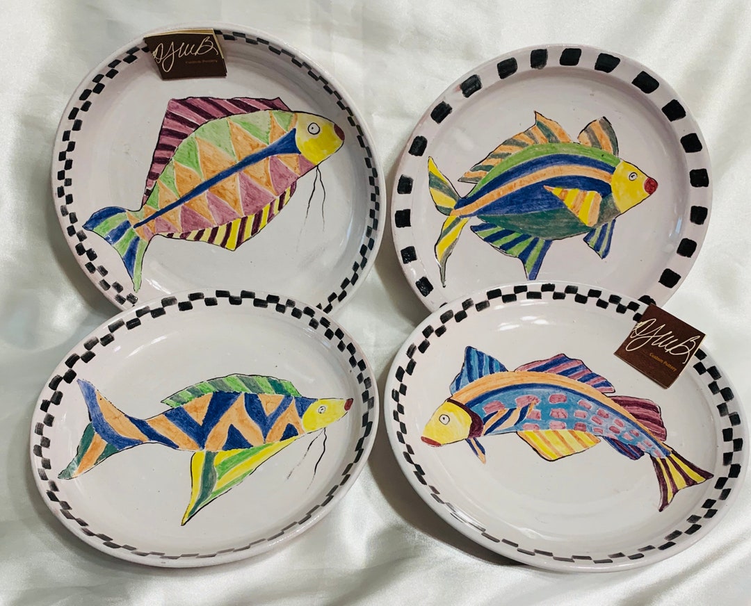Majolica Handpainted Fish Plates Set of 4 AJWB Custom Etsy